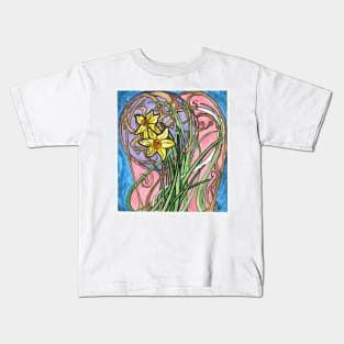 Two Daffodils and Branches Painting in Art Nouveau Style, Pastel Colors Kids T-Shirt